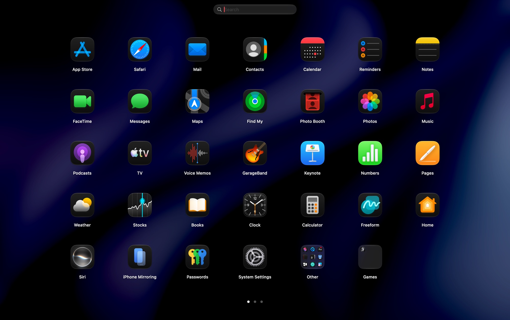 Relaunch open over the desktop: a search field, a 7 by 5 grid of apps with an Other folder, and three page dots